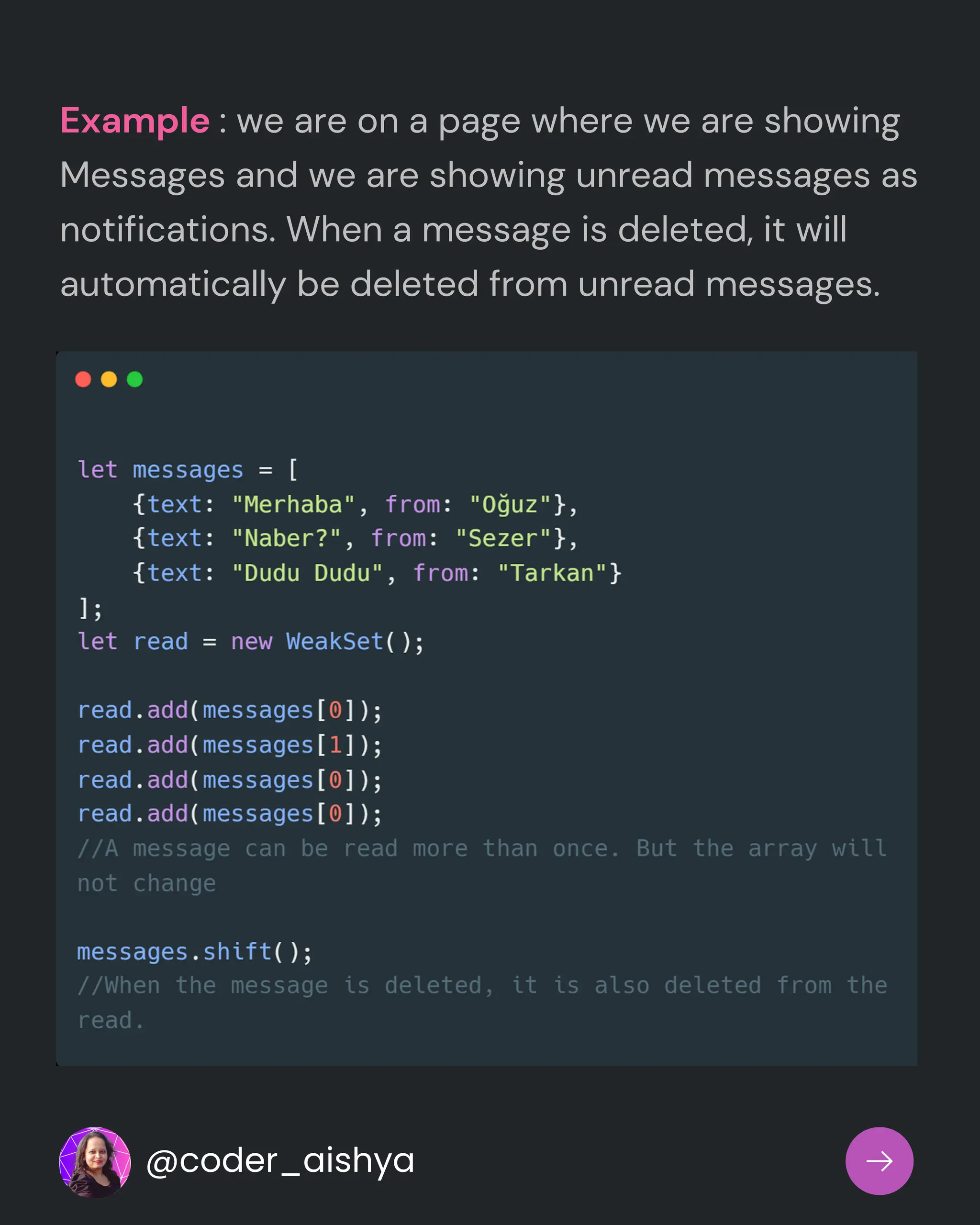 Example : we are on a page where we are showing
Messages and we are showing unread messages as
notifications. When a message is deleted, it will
automatically be deleted from unread messages.
@coder_aishya
 