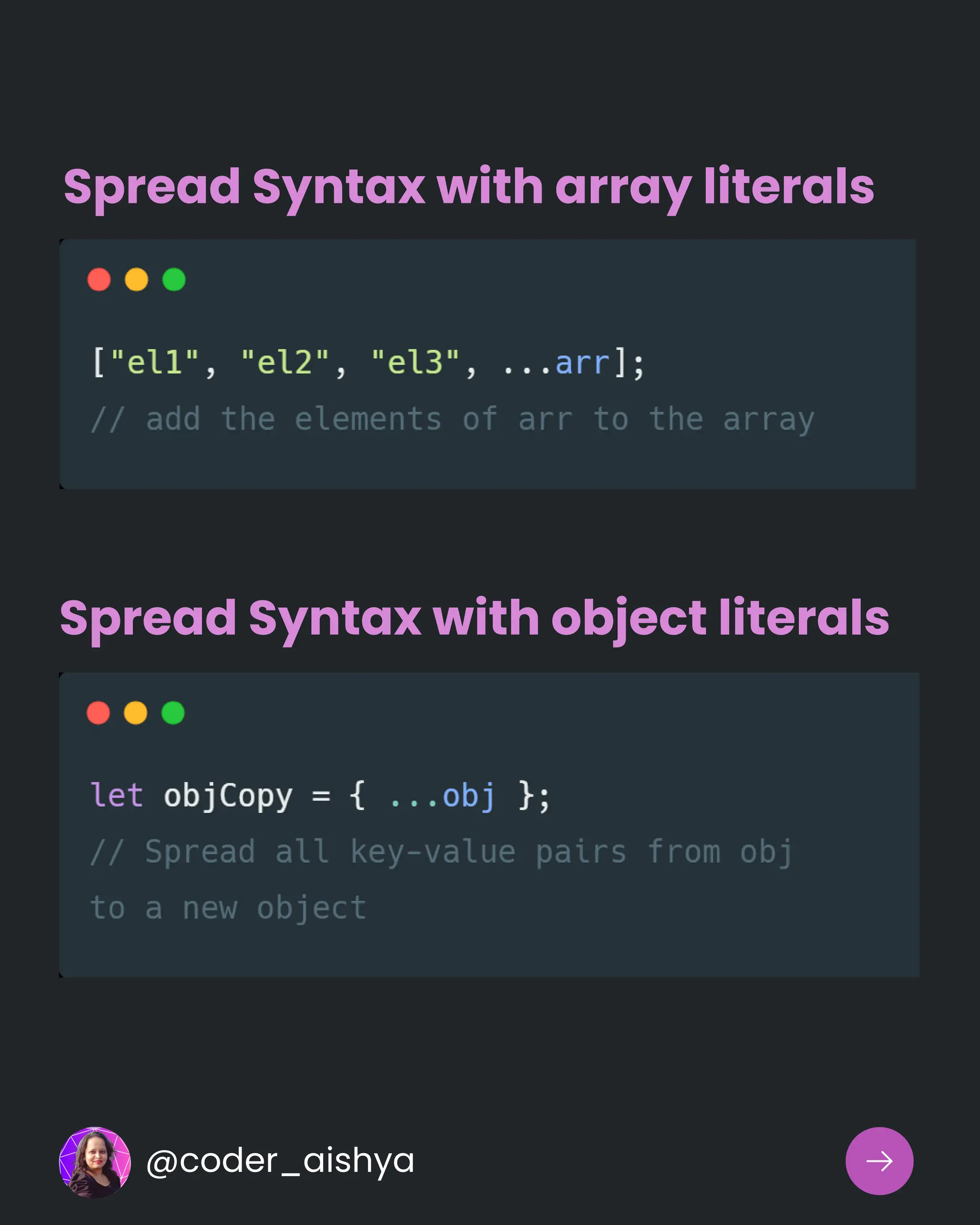Spread Syntax with array literals
Spread Syntax with object literals
@coder_aishya
 