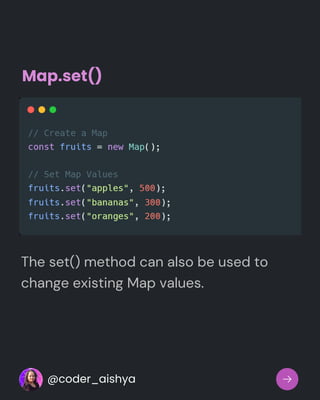 Map.set()
The set() method can also be used to
change existing Map values.
@coder_aishya
 