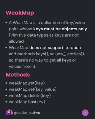 WeakMap
A WeakMap is a collection of key/value
pairs whose keys must be objects only.
Primitive data types as keys are not
allowed
WeakMap does not support iteration
and methods keys(), values(), entries(),
so there’s no way to get all keys or
values from it.
weakMap.get(key)
weakMap.set(key, value)
weakMap.delete(key)
weakMap.has(key)
Methods
@coder_aishya
 