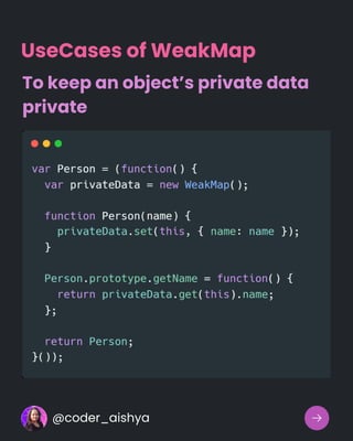UseCases of WeakMap
To keep an object’s private data
private
@coder_aishya
 