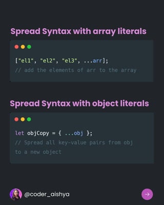 Spread Syntax with array literals
Spread Syntax with object literals
@coder_aishya
 