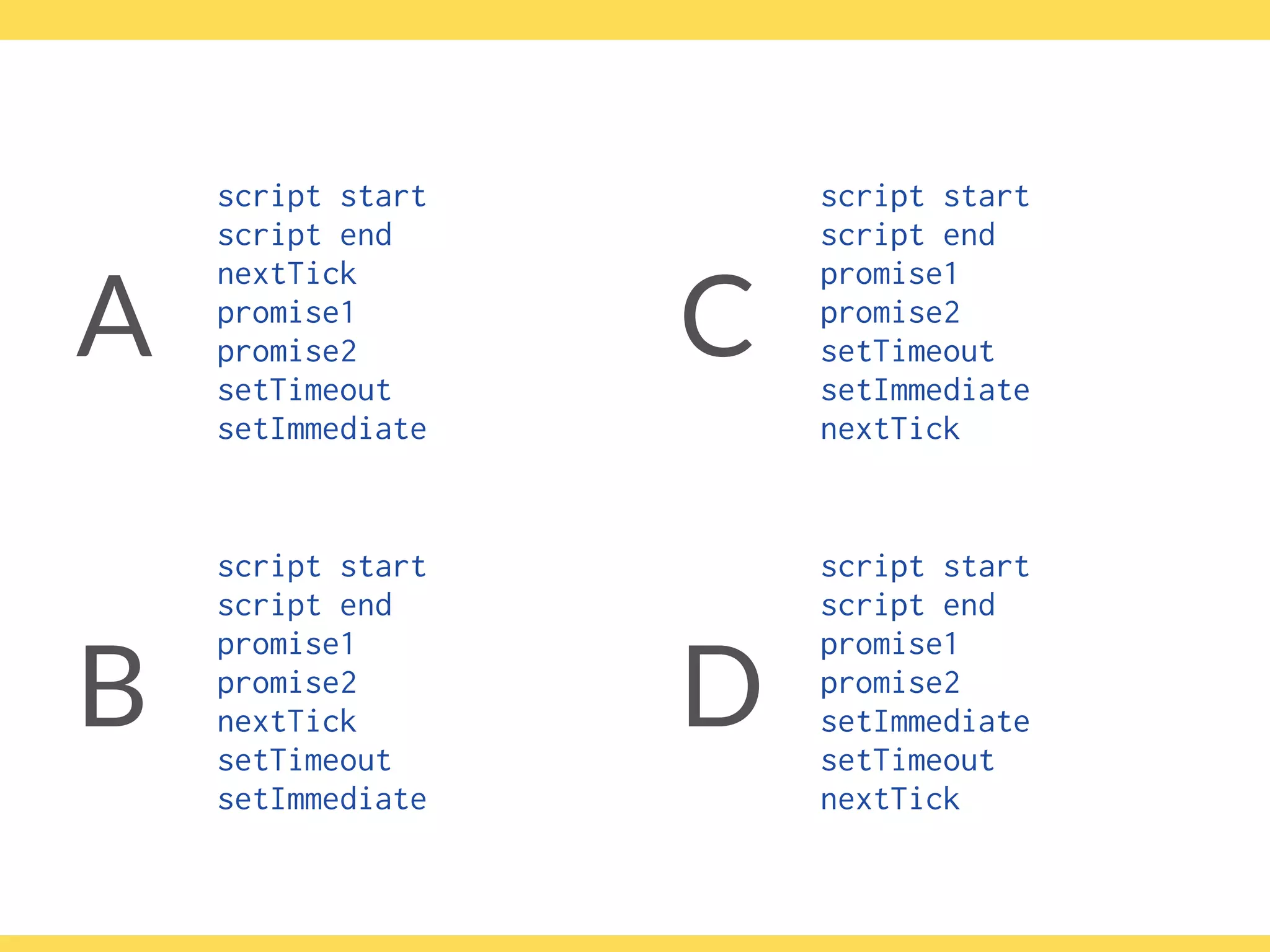 script start
script end
nextTick
promise1
promise2
setTimeout
setImmediate
script start
script end
promise1
promise2
nextTick
setTimeout
setImmediate
B
A C
script start
script end
promise1
promise2
setTimeout
setImmediate
nextTick
D
script start
script end
promise1
promise2
setImmediate
setTimeout
nextTick
 