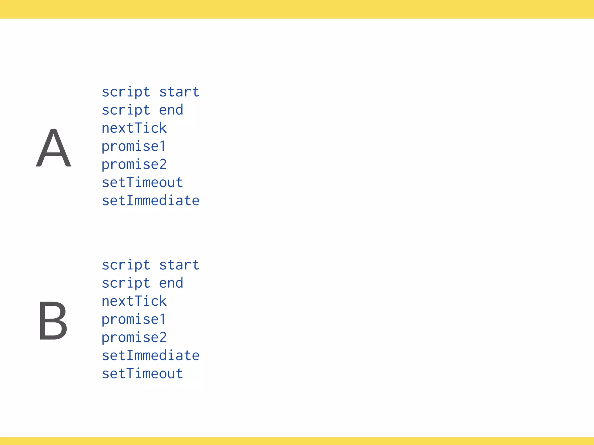 script start
script end
nextTick
promise1
promise2
setTimeout
setImmediate
script start
script end
nextTick
promise1
promise2
setImmediate
setTimeout
B
A
 