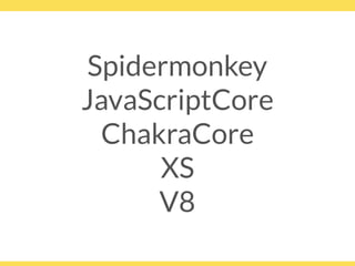 Spidermonkey
JavaScriptCore
ChakraCore
XS 
V8
 