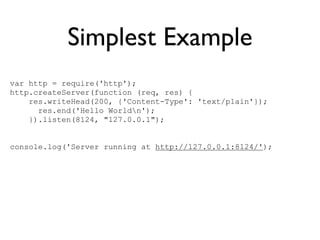Simplest Example
var http = require('http');
http.createServer(function (req, res) {
    res.writeHead(200, {'Content-Type': 'text/plain'});
      res.end('Hello Worldn');
    }).listen(8124, "127.0.0.1");


console.log('Server running at http://127.0.0.1:8124/');
 