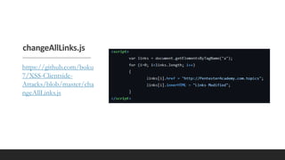 changeAllLinks.js
https://github.com/boku
7/XSS-Clientside-
Attacks/blob/master/cha
ngeAllLinks.js
 