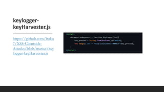 keylogger-
keyHarvester.js
https://github.com/boku
7/XSS-Clientside-
Attacks/blob/master/key
logger-keyHarvester.js
 
