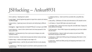 JSHacking – Ankur8931
1.form-submit.js - Hijacking form submit
2.social-engg.js - Social Engineering exploit to hijack for...
