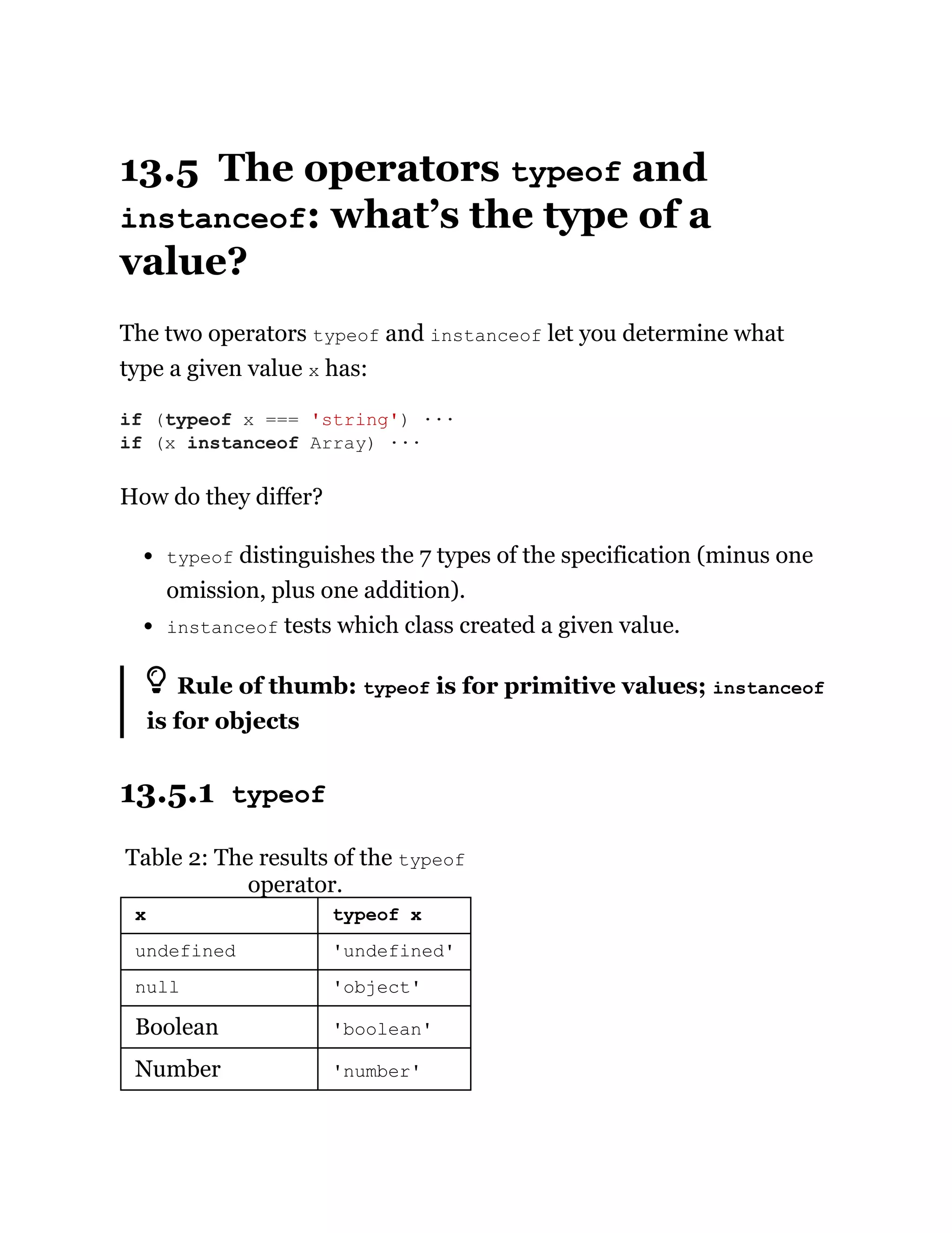 13.5 The operators typeof and
instanceof: what’s the type of a
value?
The two operators typeof and instanceof let you determine what
type a given value x has:
How do they differ?
typeof distinguishes the 7 types of the specification (minus one
omission, plus one addition).
instanceof tests which class created a given value.
Rule of thumb: typeof is for primitive values; instanceof
is for objects
13.5.1 typeof
Table 2: The results of the typeof
operator.
x typeof x
undefined 'undefined'
null 'object'
Boolean 'boolean'
Number 'number'
if (typeof x === 'string') ···
if (x instanceof Array) ···
 