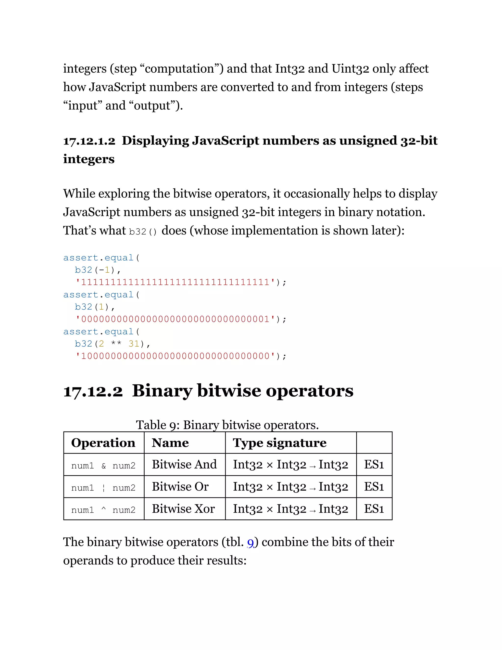 integers (step “computation”) and that Int32 and Uint32 only affect
how JavaScript numbers are converted to and from integers (steps
“input” and “output”).
17.12.1.2 Displaying JavaScript numbers as unsigned 32-bit
integers
While exploring the bitwise operators, it occasionally helps to display
JavaScript numbers as unsigned 32-bit integers in binary notation.
That’s what b32() does (whose implementation is shown later):
17.12.2 Binary bitwise operators
Table 9: Binary bitwise operators.
Operation Name Type signature
num1 & num2 Bitwise And Int32 × Int32 → Int32 ES1
num1 ¦ num2 Bitwise Or Int32 × Int32 → Int32 ES1
num1 ^ num2 Bitwise Xor Int32 × Int32 → Int32 ES1
The binary bitwise operators (tbl. 9) combine the bits of their
operands to produce their results:
assert.equal(
b32(-1),
'11111111111111111111111111111111');
assert.equal(
b32(1),
'00000000000000000000000000000001');
assert.equal(
b32(2 ** 31),
'10000000000000000000000000000000');
 