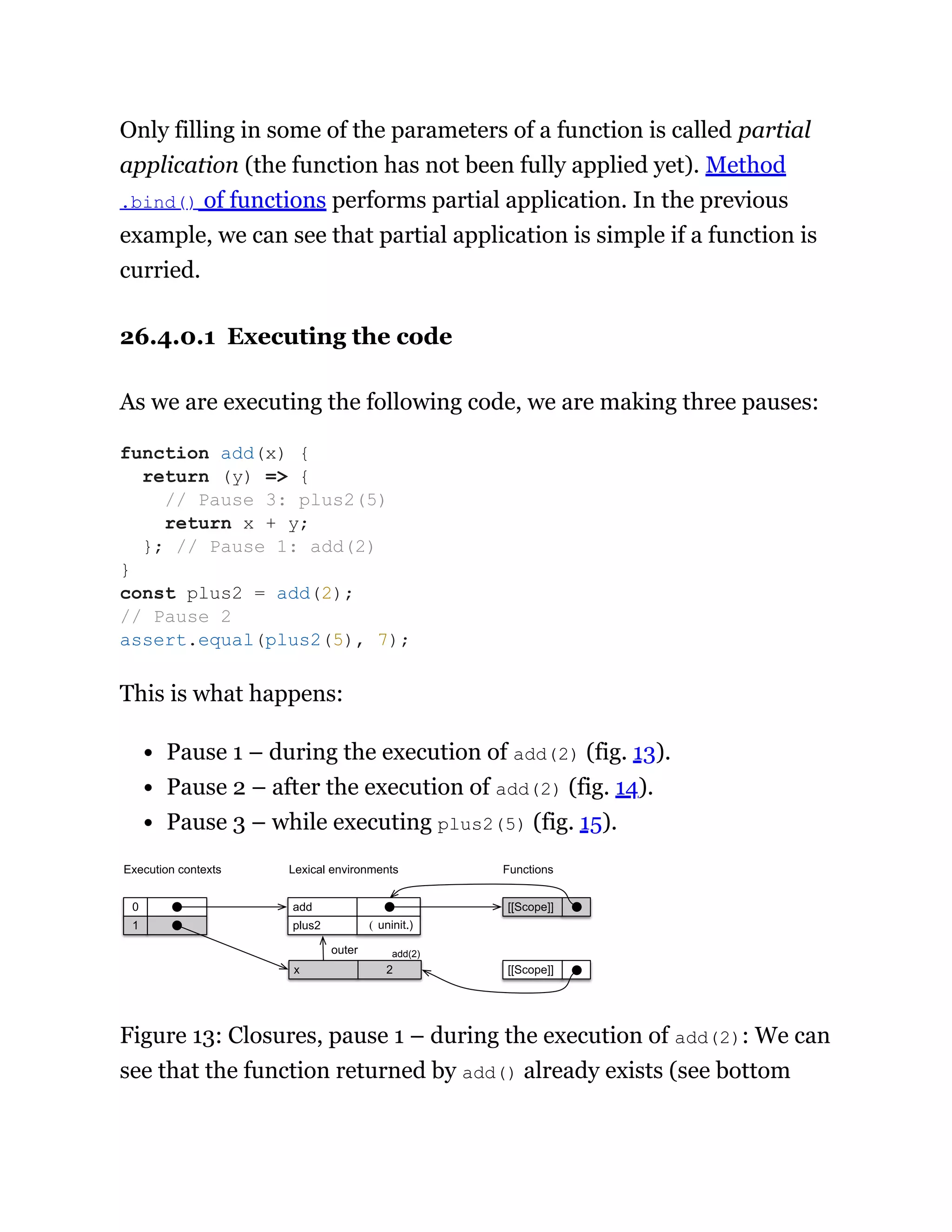 Only filling in some of the parameters of a function is called partial
application (the function has not been fully applied yet). Method
.bind() of functions performs partial application. In the previous
example, we can see that partial application is simple if a function is
curried.
26.4.0.1 Executing the code
As we are executing the following code, we are making three pauses:
This is what happens:
Pause 1 – during the execution of add(2) (fig. 13).
Pause 2 – after the execution of add(2) (fig. 14).
Pause 3 – while executing plus2(5) (fig. 15).
[[Scope]]
1
0
( uninit.)
plus2
add
2
x
outer
Lexical environments
Execution contexts Functions
[[Scope]]
add(2)
Figure 13: Closures, pause 1 – during the execution of add(2): We can
see that the function returned by add() already exists (see bottom
function add(x) {
return (y) => {
// Pause 3: plus2(5)
return x + y;
}; // Pause 1: add(2)
}
const plus2 = add(2);
// Pause 2
assert.equal(plus2(5), 7);
 