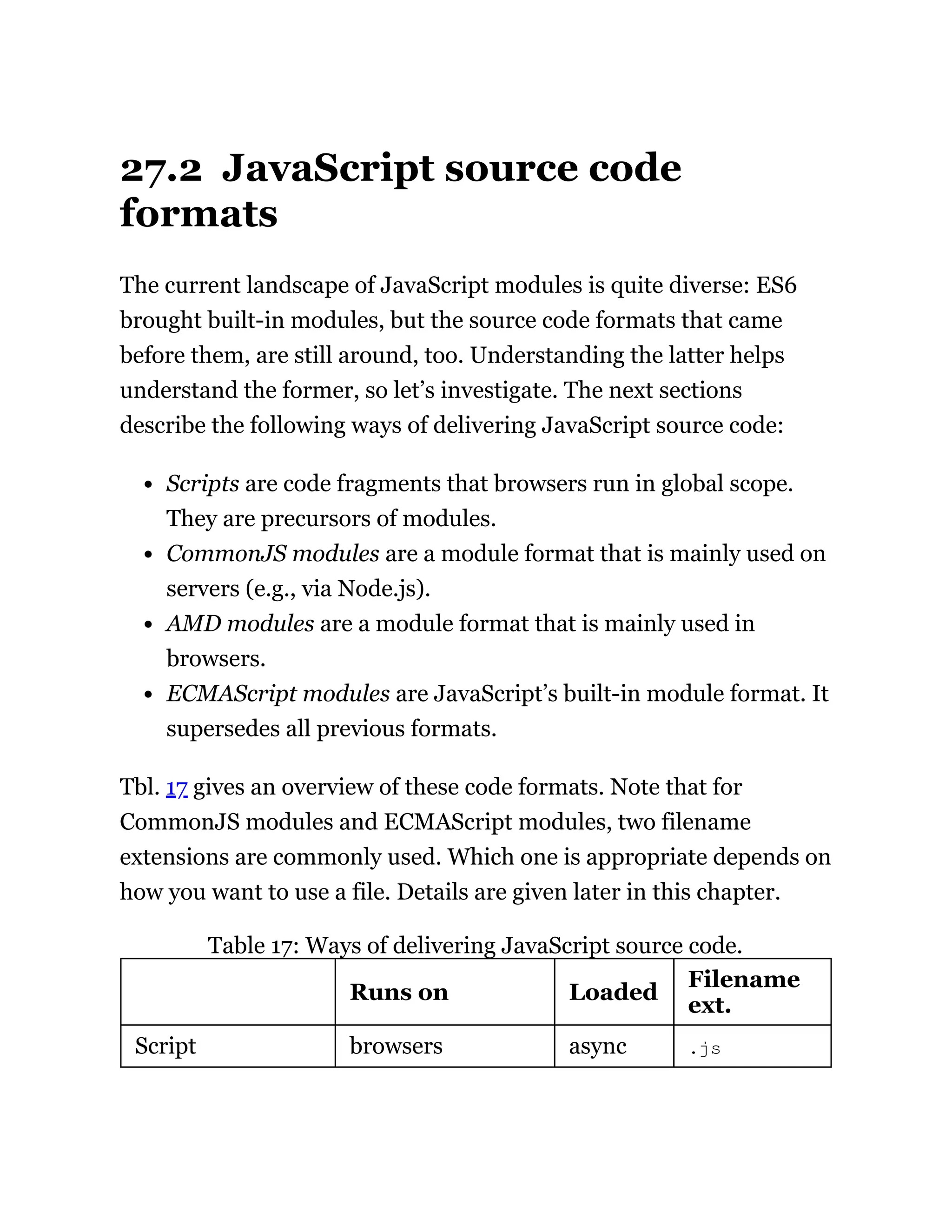 27.2 JavaScript source code
formats
The current landscape of JavaScript modules is quite diverse: ES6
brought built-in modules, but the source code formats that came
before them, are still around, too. Understanding the latter helps
understand the former, so let’s investigate. The next sections
describe the following ways of delivering JavaScript source code:
Scripts are code fragments that browsers run in global scope.
They are precursors of modules.
CommonJS modules are a module format that is mainly used on
servers (e.g., via Node.js).
AMD modules are a module format that is mainly used in
browsers.
ECMAScript modules are JavaScript’s built-in module format. It
supersedes all previous formats.
Tbl. 17 gives an overview of these code formats. Note that for
CommonJS modules and ECMAScript modules, two filename
extensions are commonly used. Which one is appropriate depends on
how you want to use a file. Details are given later in this chapter.
Table 17: Ways of delivering JavaScript source code.
Runs on Loaded
Filename
ext.
Script browsers async .js
 
