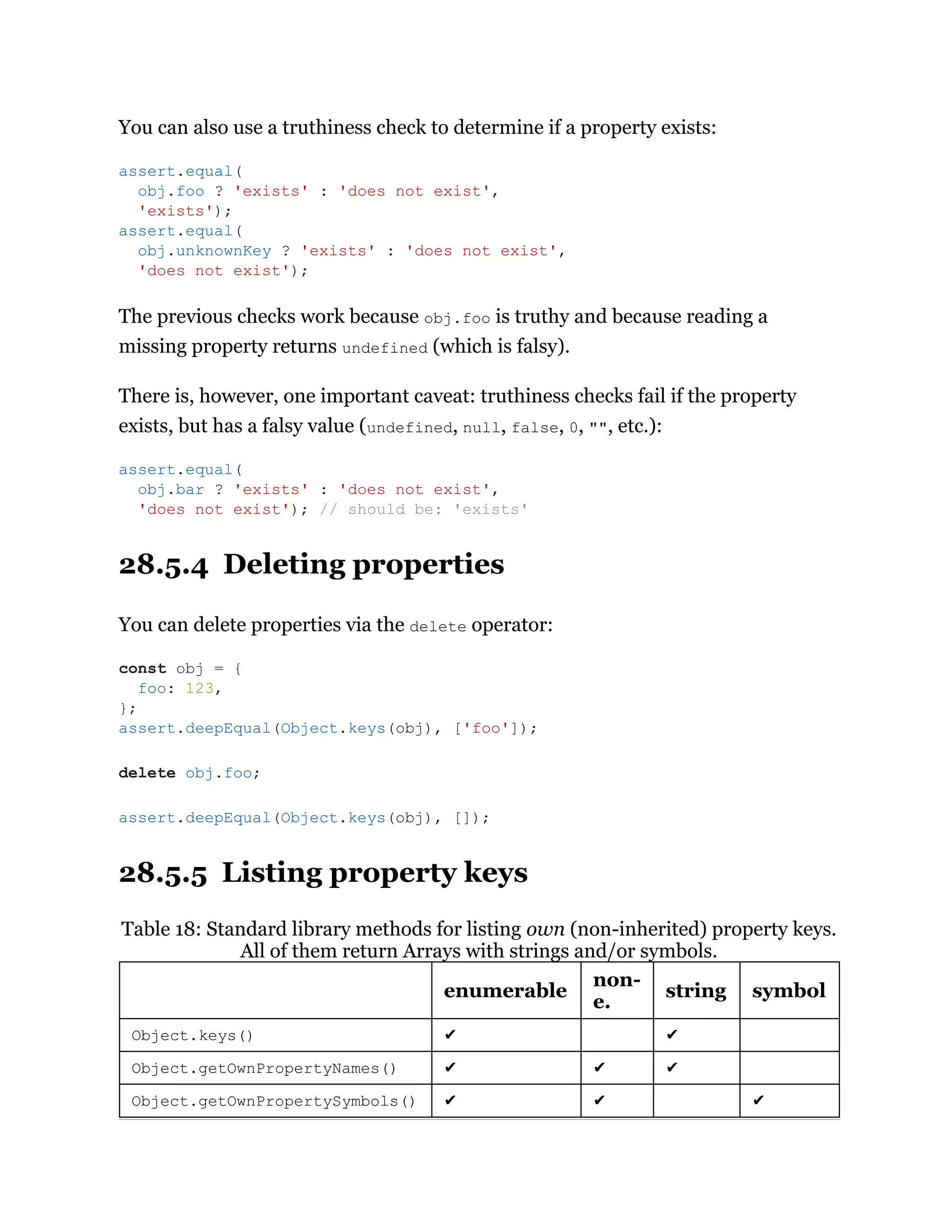 You can also use a truthiness check to determine if a property exists:
The previous checks work because obj.foo is truthy and because reading a
missing property returns undefined (which is falsy).
There is, however, one important caveat: truthiness checks fail if the property
exists, but has a falsy value (undefined, null, false, 0, "", etc.):
28.5.4 Deleting properties
You can delete properties via the delete operator:
28.5.5 Listing property keys
Table 18: Standard library methods for listing own (non-inherited) property keys.
All of them return Arrays with strings and/or symbols.
enumerable
non-
e.
string symbol
Object.keys() ✔ ✔
Object.getOwnPropertyNames() ✔ ✔ ✔
Object.getOwnPropertySymbols() ✔ ✔ ✔
assert.equal(
obj.foo ? 'exists' : 'does not exist',
'exists');
assert.equal(
obj.unknownKey ? 'exists' : 'does not exist',
'does not exist');
assert.equal(
obj.bar ? 'exists' : 'does not exist',
'does not exist'); // should be: 'exists'
const obj = {
foo: 123,
};
assert.deepEqual(Object.keys(obj), ['foo']);
delete obj.foo;
assert.deepEqual(Object.keys(obj), []);
 