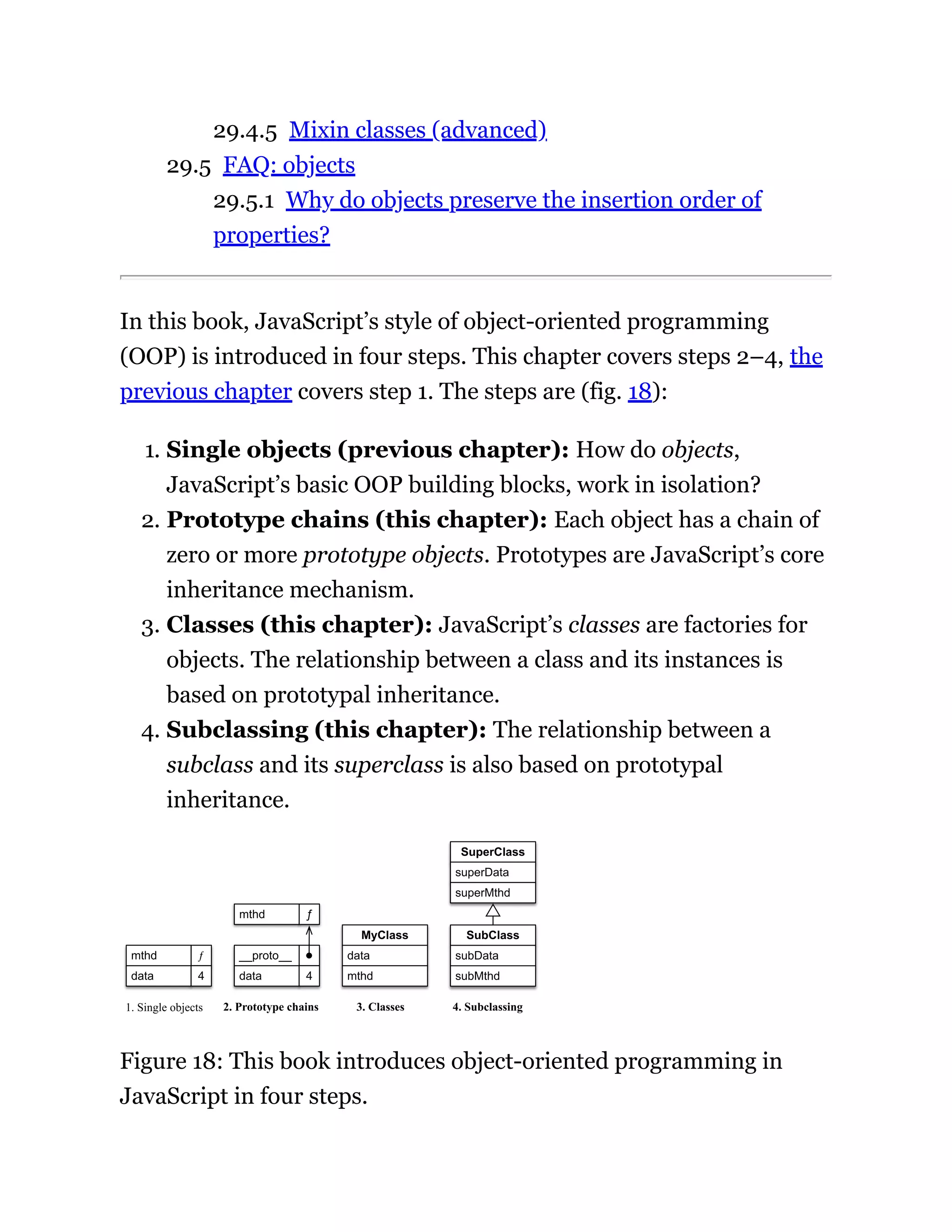 29.4.5 Mixin classes (advanced)
29.5 FAQ: objects
29.5.1 Why do objects preserve the insertion order of
properties?
In this book, JavaScript’s style of object-oriented programming
(OOP) is introduced in four steps. This chapter covers steps 2–4, the
previous chapter covers step 1. The steps are (fig. 18):
1. Single objects (previous chapter): How do objects,
JavaScript’s basic OOP building blocks, work in isolation?
2. Prototype chains (this chapter): Each object has a chain of
zero or more prototype objects. Prototypes are JavaScript’s core
inheritance mechanism.
3. Classes (this chapter): JavaScript’s classes are factories for
objects. The relationship between a class and its instances is
based on prototypal inheritance.
4. Subclassing (this chapter): The relationship between a
subclass and its superclass is also based on prototypal
inheritance.
ƒ
mthd
data
__proto__
4
ƒ
data
mthd
4
MyClass
data
mthd
SubClass
subData
subMthd
SuperClass
superData
superMthd
1. Single objects 2. Prototype chains 3. Classes 4. Subclassing
Figure 18: This book introduces object-oriented programming in
JavaScript in four steps.
 
