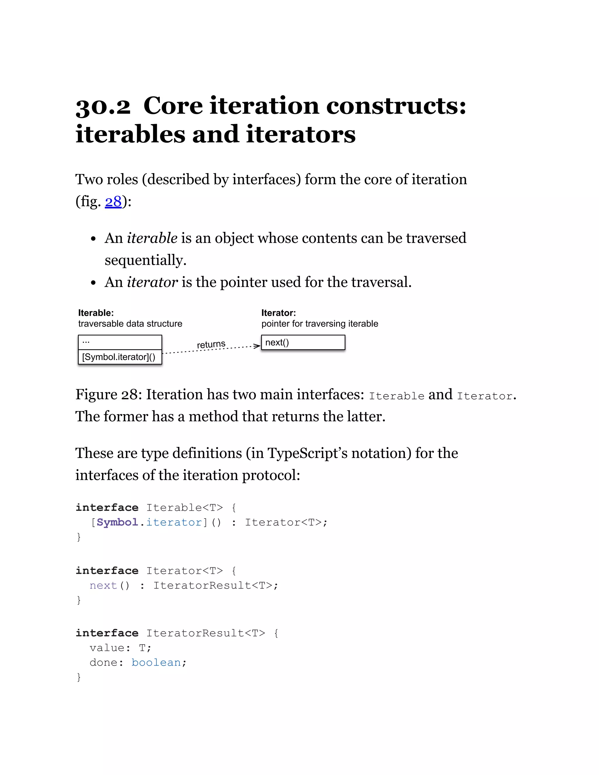 30.2 Core iteration constructs:
iterables and iterators
Two roles (described by interfaces) form the core of iteration
(fig. 28):
An iterable is an object whose contents can be traversed
sequentially.
An iterator is the pointer used for the traversal.
[Symbol.iterator]()
···
Iterable:
traversable data structure
next()
Iterator:
pointer for traversing iterable
returns
Figure 28: Iteration has two main interfaces: Iterable and Iterator.
The former has a method that returns the latter.
These are type definitions (in TypeScript’s notation) for the
interfaces of the iteration protocol:
interface Iterable<T> {
[Symbol.iterator]() : Iterator<T>;
}
interface Iterator<T> {
next() : IteratorResult<T>;
}
interface IteratorResult<T> {
value: T;
done: boolean;
}
 