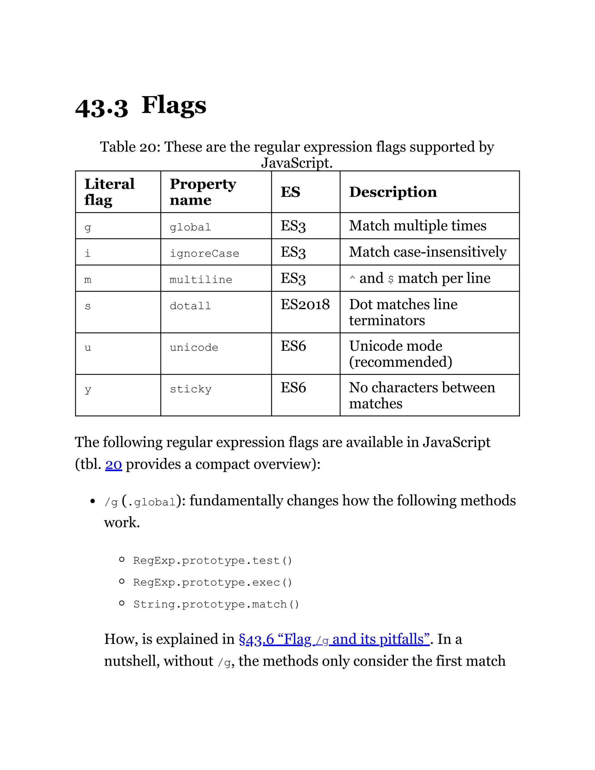 43.3 Flags
Table 20: These are the regular expression flags supported by
JavaScript.
Literal
flag
Property
name
ES Description
g global ES3 Match multiple times
i ignoreCase ES3 Match case-insensitively
m multiline ES3 ^ and $ match per line
s dotall ES2018 Dot matches line
terminators
u unicode ES6 Unicode mode
(recommended)
y sticky ES6 No characters between
matches
The following regular expression flags are available in JavaScript
(tbl. 20 provides a compact overview):
/g (.global): fundamentally changes how the following methods
work.
RegExp.prototype.test()
RegExp.prototype.exec()
String.prototype.match()
How, is explained in §43.6 “Flag /g and its pitfalls”. In a
nutshell, without /g, the methods only consider the first match
 