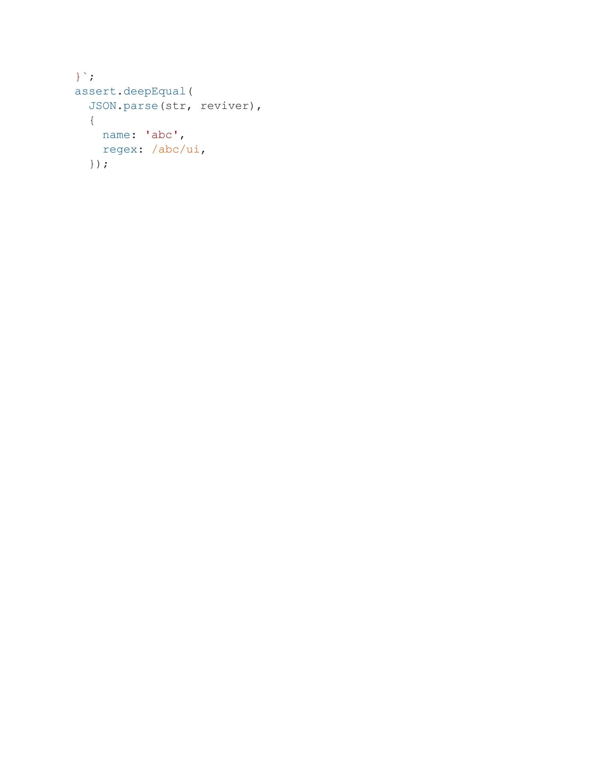 }`;
assert.deepEqual(
JSON.parse(str, reviver),
{
name: 'abc',
regex: /abc/ui,
});
 