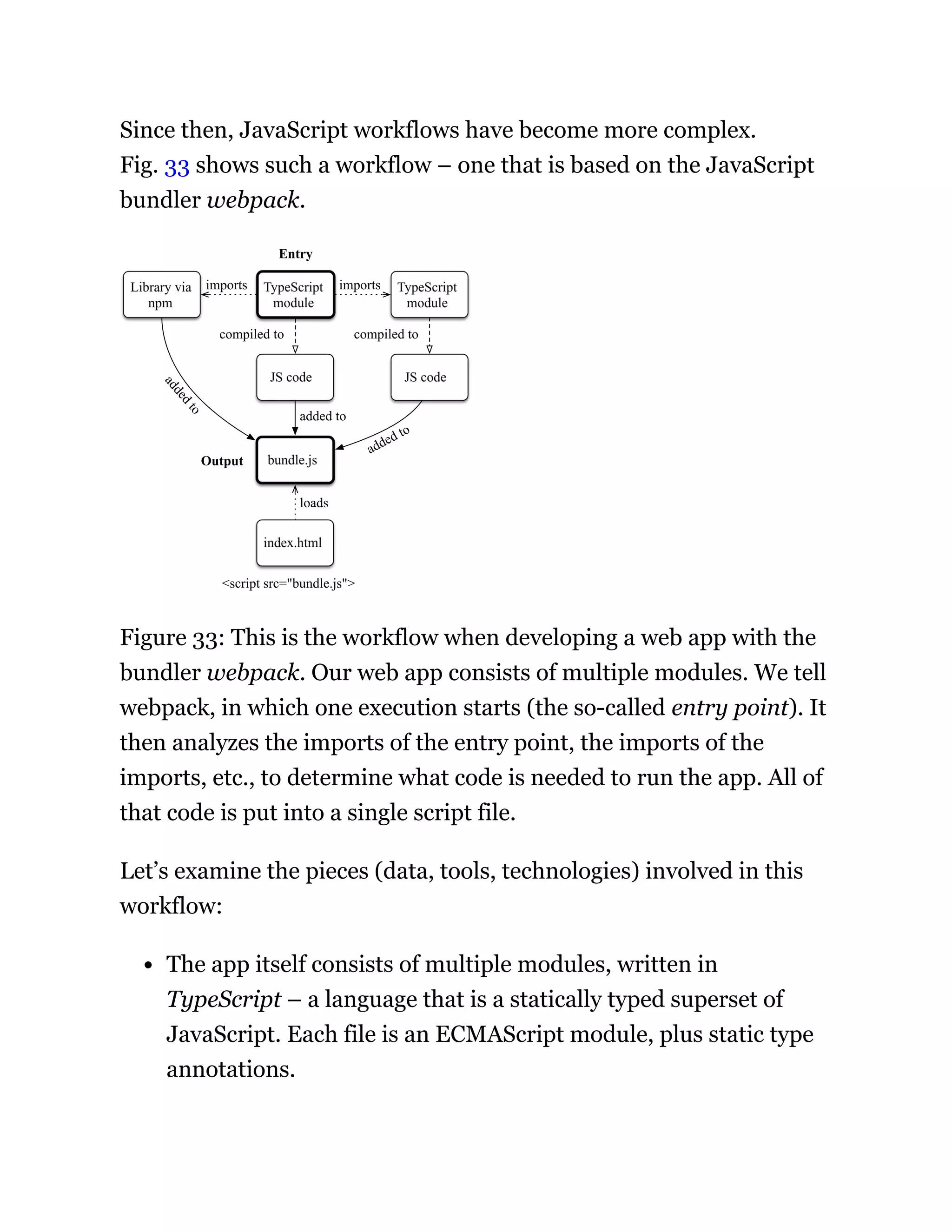 Since then, JavaScript workflows have become more complex.
Fig. 33 shows such a workflow – one that is based on the JavaScript
bundler webpack.
Entry
Output
imports
imports
<script src="bundle.js">
compiled to compiled to
loads
a
d
d
e
d
t
o
added to
added to
Figure 33: This is the workflow when developing a web app with the
bundler webpack. Our web app consists of multiple modules. We tell
webpack, in which one execution starts (the so-called entry point). It
then analyzes the imports of the entry point, the imports of the
imports, etc., to determine what code is needed to run the app. All of
that code is put into a single script file.
Let’s examine the pieces (data, tools, technologies) involved in this
workflow:
The app itself consists of multiple modules, written in
TypeScript – a language that is a statically typed superset of
JavaScript. Each file is an ECMAScript module, plus static type
annotations.
 