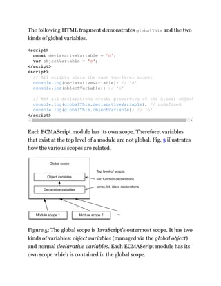 The following HTML fragment demonstrates globalThis and the two
kinds of global variables.
Each ECMAScript module has its own scope. Therefore, variables
that exist at the top level of a module are not global. Fig. 5 illustrates
how the various scopes are related.
Object variables
Global scope
Module scope 1 ···
Declarative variables
Top level of scripts:
var, function declarations
const, let, class declarations
Module scope 2
Figure 5: The global scope is JavaScript’s outermost scope. It has two
kinds of variables: object variables (managed via the global object)
and normal declarative variables. Each ECMAScript module has its
own scope which is contained in the global scope.
<script>
const declarativeVariable = 'd';
var objectVariable = 'o';
</script>
<script>
// All scripts share the same top-level scope:
console.log(declarativeVariable); // 'd'
console.log(objectVariable); // 'o'
// Not all declarations create properties of the global object
console.log(globalThis.declarativeVariable); // undefined
console.log(globalThis.objectVariable); // 'o'
</script>
 