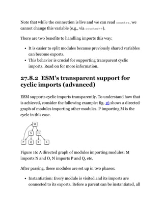 Note that while the connection is live and we can read counter, we
cannot change this variable (e.g., via counter++).
There are two benefits to handling imports this way:
It is easier to split modules because previously shared variables
can become exports.
This behavior is crucial for supporting transparent cyclic
imports. Read on for more information.
27.8.2 ESM’s transparent support for
cyclic imports (advanced)
ESM supports cyclic imports transparently. To understand how that
is achieved, consider the following example: fig. 16 shows a directed
graph of modules importing other modules. P importing M is the
cycle in this case.
Figure 16: A directed graph of modules importing modules: M
imports N and O, N imports P and Q, etc.
After parsing, these modules are set up in two phases:
Instantiation: Every module is visited and its imports are
connected to its exports. Before a parent can be instantiated, all
 
