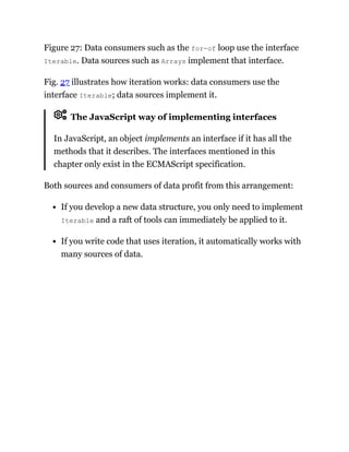 Figure 27: Data consumers such as the for-of loop use the interface
Iterable. Data sources such as Arrays implement that interface.
Fig. 27 illustrates how iteration works: data consumers use the
interface Iterable; data sources implement it.
The JavaScript way of implementing interfaces
In JavaScript, an object implements an interface if it has all the
methods that it describes. The interfaces mentioned in this
chapter only exist in the ECMAScript specification.
Both sources and consumers of data profit from this arrangement:
If you develop a new data structure, you only need to implement
Iterable and a raft of tools can immediately be applied to it.
If you write code that uses iteration, it automatically works with
many sources of data.
 