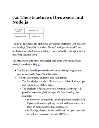 7.2 The structure of browsers and
Node.js
JavaScript engine Platform core
JS standard
library
Platform API
Figure 2: The structure of the two JavaScript platforms web browser
and Node.js. The APIs “standard library” and “platform API” are
hosted on top of a foundational layer with a JavaScript engine and a
platform-specific “core”.
The structures of the two JavaScript platforms web browser and
Node.js are similar (fig. 2):
The foundational layer consists of the JavaScript engine and
platform-specific “core” functionality.
Two APIs are hosted on top of this foundation:
The JavaScript standard library is part of JavaScript proper
and runs on top of the engine.
The platform API are also available from JavaScript – it
provides access to platform-specific functionality. For
example:
In browsers, you need to use the platform-specific API
if you want to do anything related to the user interface:
react to mouse clicks, play sounds, etc.
In Node.js, the platform-specific API lets you read and
write files, download data via HTTP, etc.
 