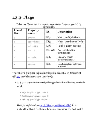 43.3 Flags
Table 20: These are the regular expression flags supported by
JavaScript.
Literal
flag
Property
name
ES Description
g global ES3 Match multiple times
i ignoreCase ES3 Match case-insensitively
m multiline ES3 ^ and $ match per line
s dotall ES2018 Dot matches line
terminators
u unicode ES6 Unicode mode
(recommended)
y sticky ES6 No characters between
matches
The following regular expression flags are available in JavaScript
(tbl. 20 provides a compact overview):
/g (.global): fundamentally changes how the following methods
work.
RegExp.prototype.test()
RegExp.prototype.exec()
String.prototype.match()
How, is explained in §43.6 “Flag /g and its pitfalls”. In a
nutshell, without /g, the methods only consider the first match
 