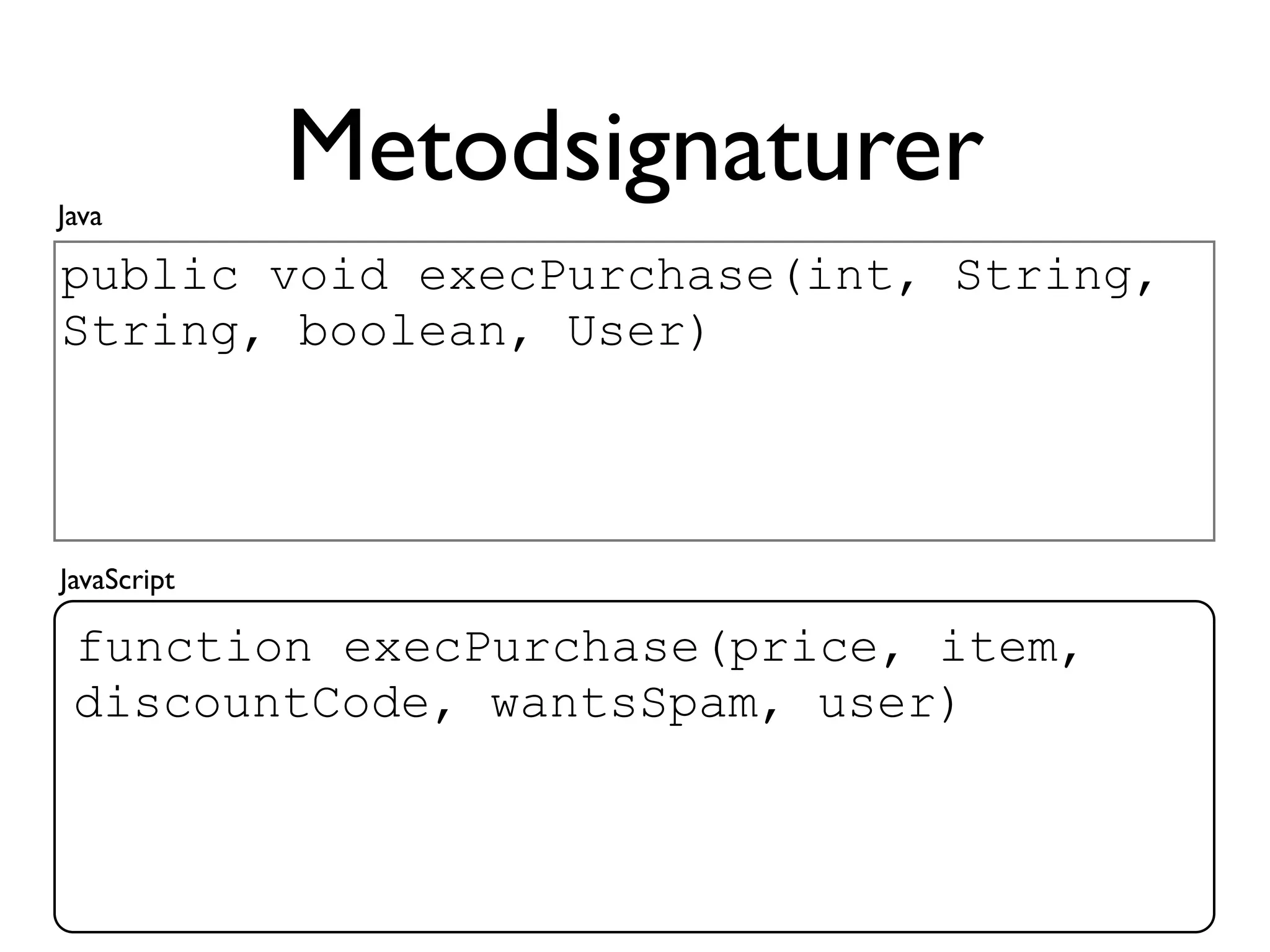Java
             Metodsignaturer
public void execPurchase(int, String,
String, boolean, User)



JavaScript

 function execPurchase(price, item,
 discountCode, wantsSpam, user)
 