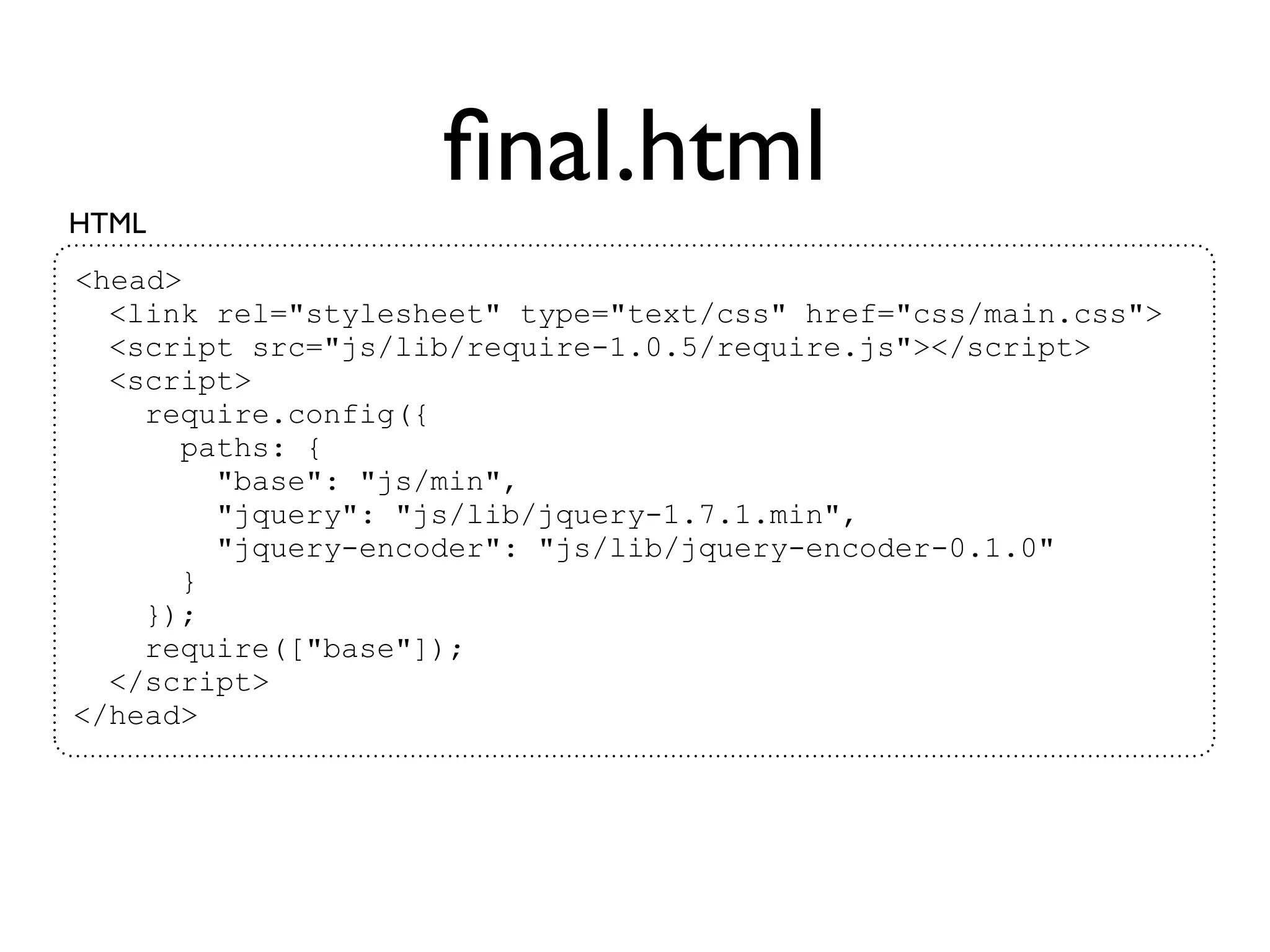 ﬁnal.html
HTML
<head>
  <link rel="stylesheet" type="text/css" href="css/main.css">
  <script src="js/lib/require-1.0.5/require.js"></script>
  <script>
    require.config({
      paths: {
        "base": "js/min",
        "jquery": "js/lib/jquery-1.7.1.min",
        "jquery-encoder": "js/lib/jquery-encoder-0.1.0"
      }
    });
    require(["base"]);
  </script>
</head>
 