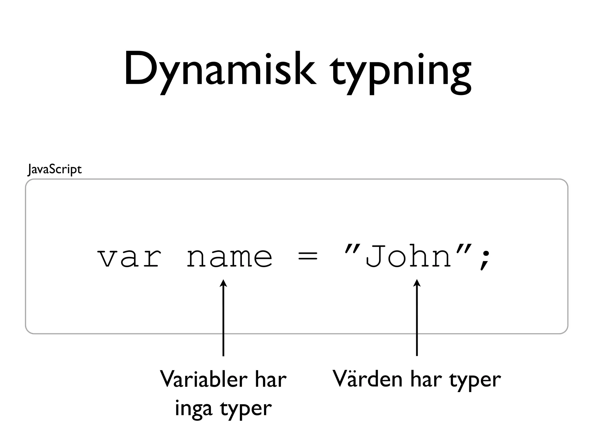 Dynamisk typning
JavaScript




             var name = ”John”;


               Variabler har   Värden har typer
                inga typer
 