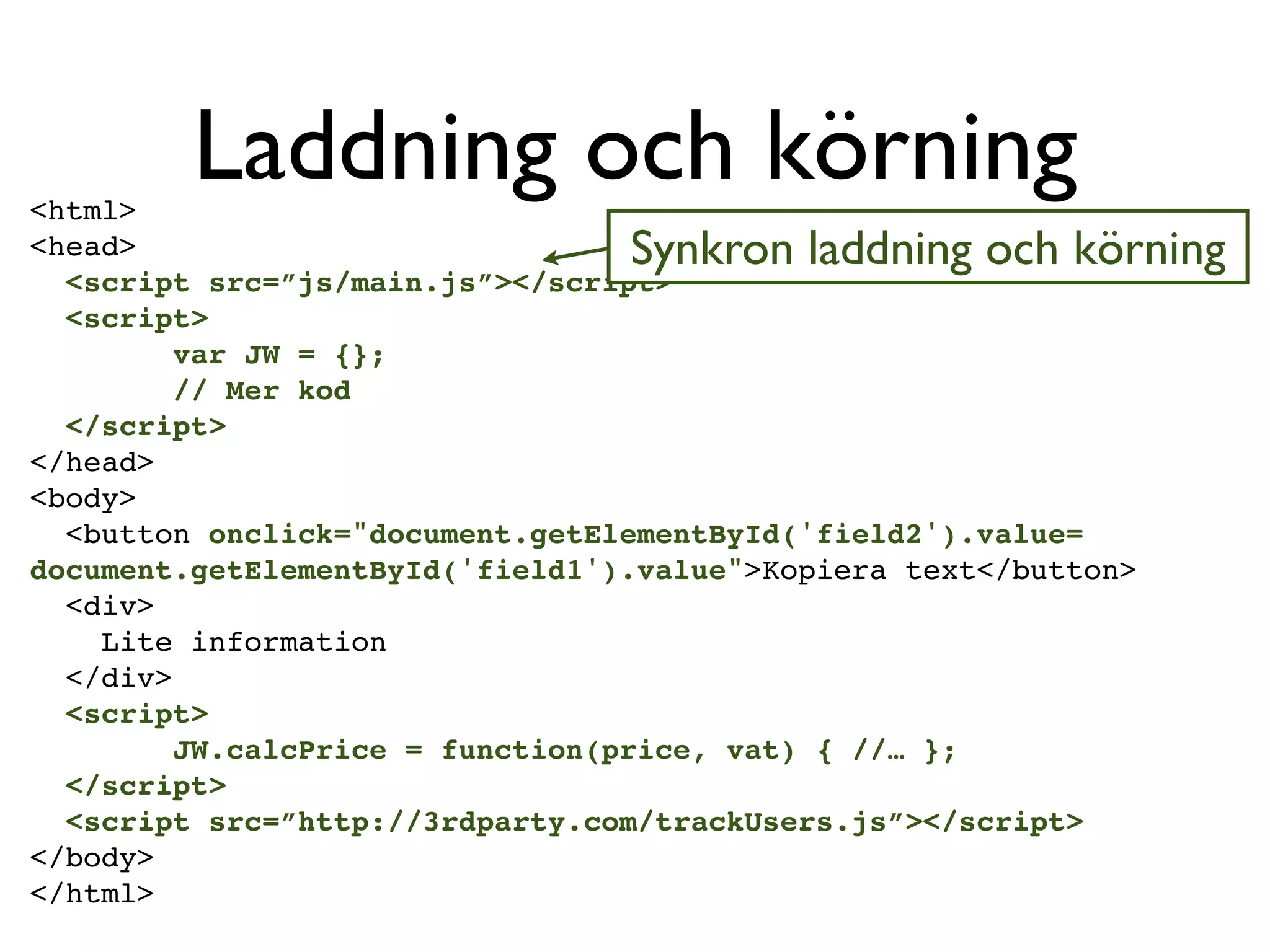 <html>
         Laddning och körning
<head>                           Synkron laddning och körning
  <script src=”js/main.js”></script>
  <script>
         var JW = {};
         // Mer kod
  </script>
</head>
<body>
  <button onclick="document.getElementById('field2').value=
document.getElementById('field1').value">Kopiera text</button>
  <div>
    Lite information
  </div>
  <script>
         JW.calcPrice = function(price, vat) { //… };
  </script>
  <script src=”http://3rdparty.com/trackUsers.js”></script>
</body>
</html>
 