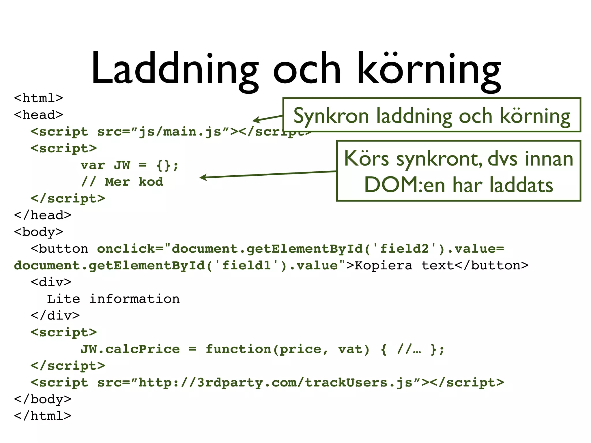 <html>
         Laddning och körning
<head>                           Synkron laddning och körning
  <script src=”js/main.js”></script>
  <script>
         var JW = {};                  Körs synkront, dvs innan
         // Mer kod
  </script>
                                        DOM:en har laddats
</head>
<body>
  <button onclick="document.getElementById('field2').value=
document.getElementById('field1').value">Kopiera text</button>
  <div>
    Lite information
  </div>
  <script>
         JW.calcPrice = function(price, vat) { //… };
  </script>
  <script src=”http://3rdparty.com/trackUsers.js”></script>
</body>
</html>
 