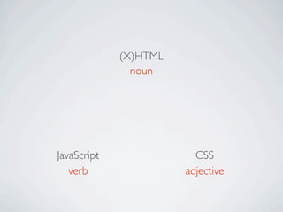 (X)HTML
               noun




JavaScript               CSS
   verb                adjective
 