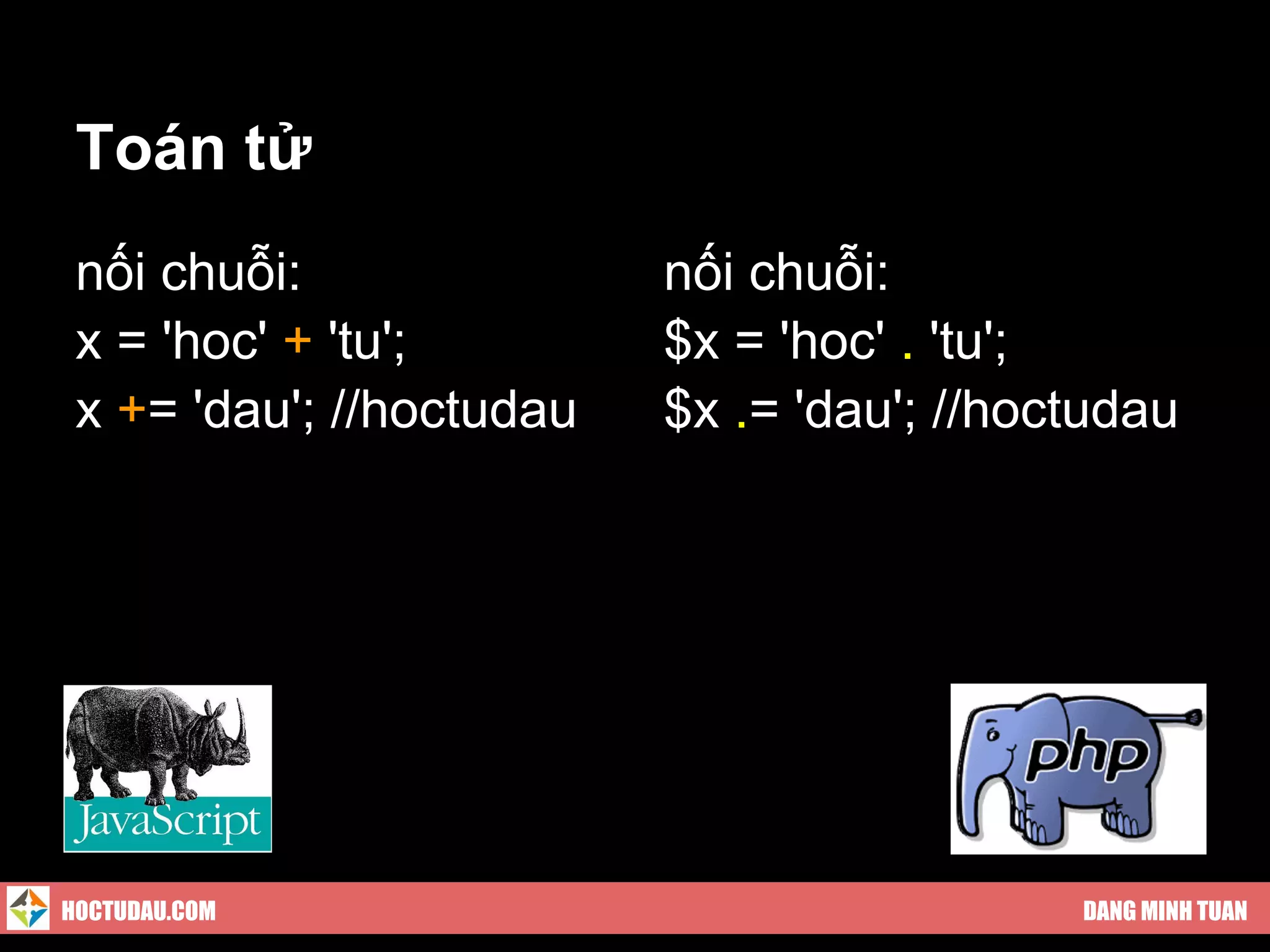 Toán tử
 nối chuỗi:               nối chuỗi:
 x = 'hoc' + 'tu';        $x = 'hoc' . 'tu';
 x += 'dau'; //hoctudau   $x .= 'dau'; //hoctudau




HOCTUDAU.COM                                DANG MINH TUAN
 