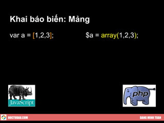 Khai báo biến: Mảng
 var a = [1,2,3];   $a = array(1,2,3);




HOCTUDAU.COM                             DANG MINH TUAN
 