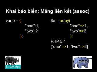 Khai báo biến: Mảng liên kết (assoc)
var o = {               $o = array(
             "one":1,              "one"=>1,
             "two":2               "two"=>2
        };                         );
                        PHP 5.4
                        ["one"=>1, "two"=>2]
 