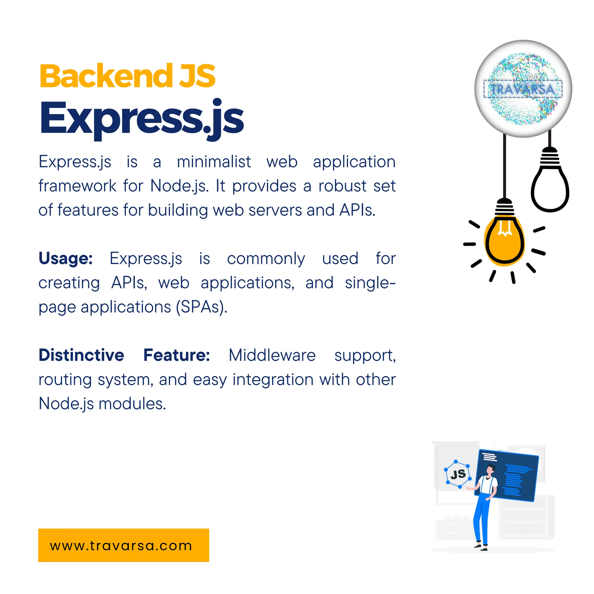 BackendJS Express.js www.travarsa.com Express.js is a minimalist web application framework for Node.js. It provides a robust set of features for building web servers and APIs. Usage: Express.js is commonly used for creating APIs, web applications, and single- page applications (SPAs). Distinctive Feature: Middleware support, routing system, and easy integration with other Node.js modules. 