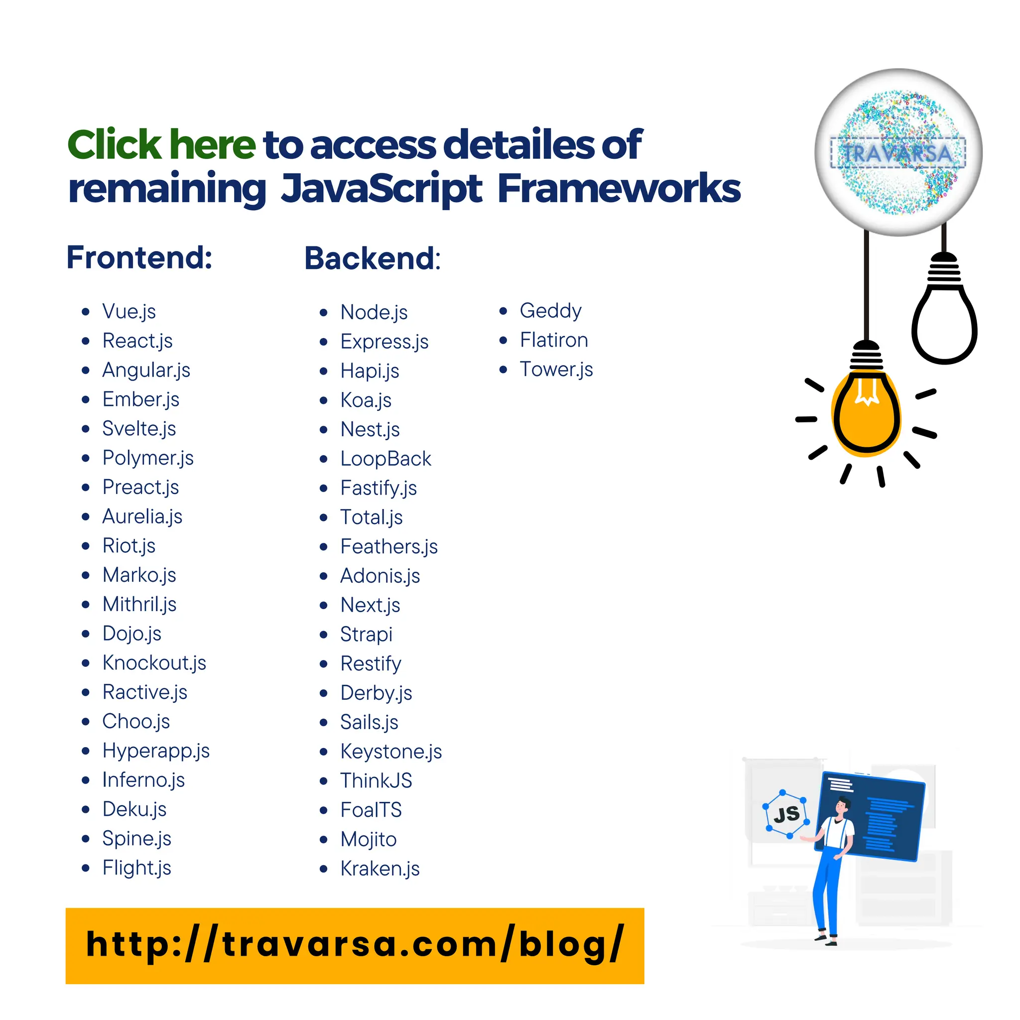 Clickheretoaccessdetailesof remaining JavaScript Frameworks http://travarsa.com/blog/ Frontend: Vue.js React.js Angular.js Ember.js Svelte.js Polymer.js Preact.js Aurelia.js Riot.js Marko.js Mithril.js Dojo.js Knockout.js Ractive.js Choo.js Hyperapp.js Inferno.js Deku.js Spine.js Flight.js Backend: Node.js Express.js Hapi.js Koa.js Nest.js LoopBack Fastify.js Total.js Feathers.js Adonis.js Next.js Strapi Restify Derby.js Sails.js Keystone.js ThinkJS FoalTS Mojito Kraken.js Geddy Flatiron Tower.js 