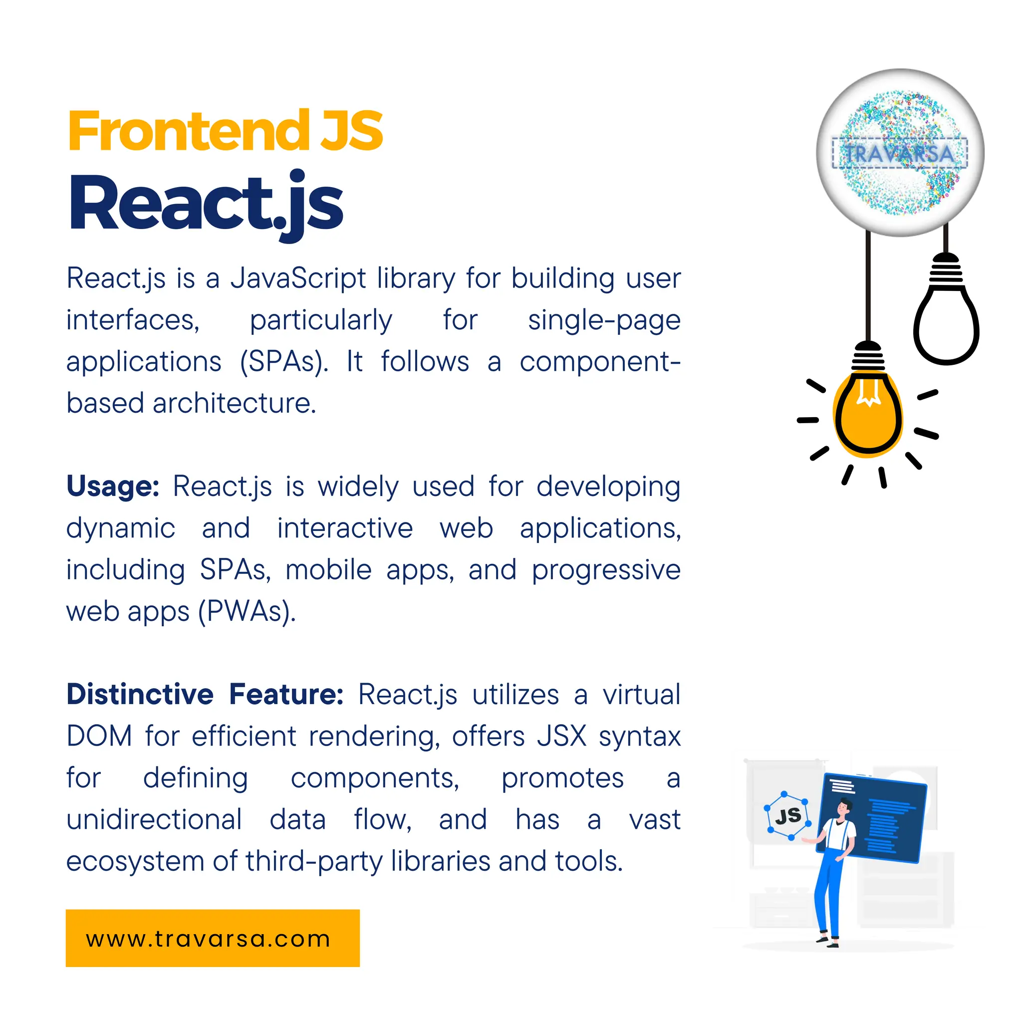 FrontendJS React.js www.travarsa.com React.js is a JavaScript library for building user interfaces, particularly for single-page applications (SPAs). It follows a component- based architecture. Usage: React.js is widely used for developing dynamic and interactive web applications, including SPAs, mobile apps, and progressive web apps (PWAs). Distinctive Feature: React.js utilizes a virtual DOM for efficient rendering, offers JSX syntax for defining components, promotes a unidirectional data flow, and has a vast ecosystem of third-party libraries and tools. 
