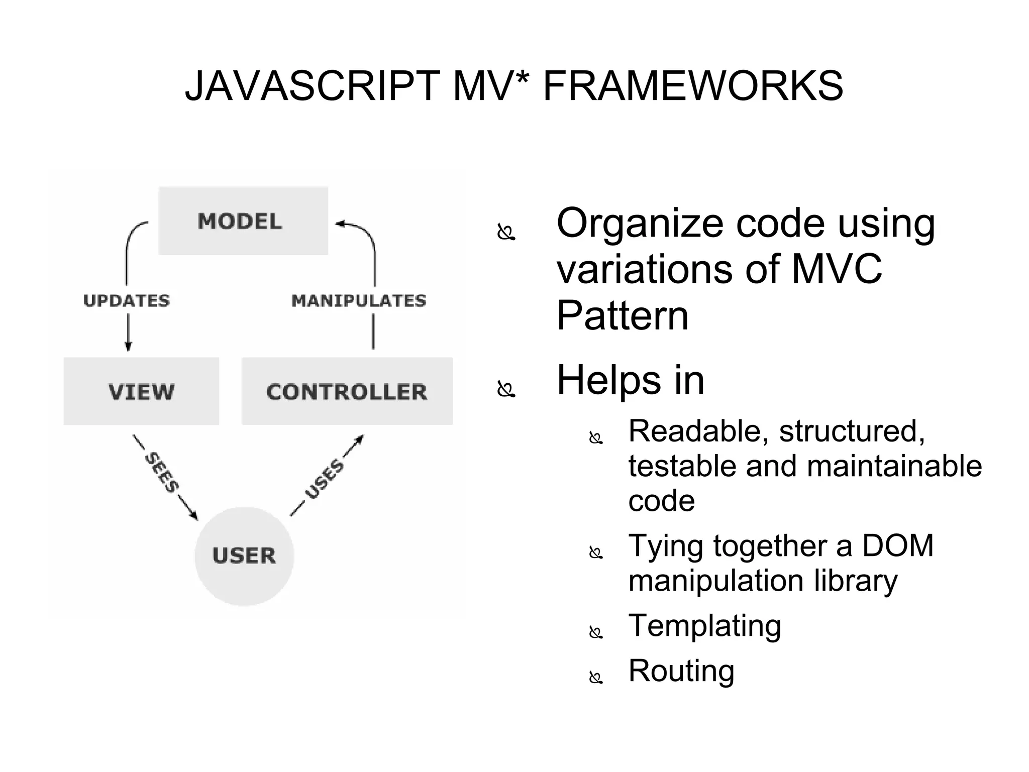 JAVASCRIPT MV* FRAMEWORKS
 Organize code using
variations of MVC
Pattern
 Helps in
 Readable, structured,
testable and maintainable
code
 Tying together a DOM
manipulation library
 Templating
 Routing
 
