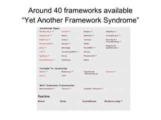 Around 40 frameworks available
“Yet Another Framework Syndrome”
 