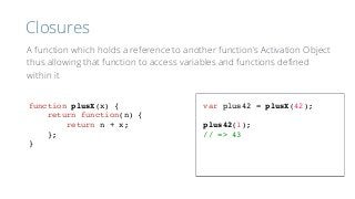 Closures
function plusX(x) {
return function(n) {
return n + x;
};
}
var plus42 = plusX(42);
plus42(1);
// => 43
A function which holds a reference to another function’s Activation Object
thus allowing that function to access variables and functions deﬁned
within it
 