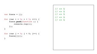 // => 5
// => 5
// => 5
// => 5
// => 5
var funcs = [];
for (var i = 0; i < 5; i++) {
funcs.push(function () {
console.log(i);
});
}
for (var j = 0; j < 5; j++) {
funcs[j]();
}
 