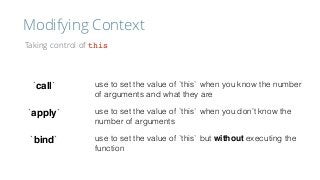 Modifying Context
Taking control of this
`call`
`apply`
`bind`
use to set the value of `this` when you know the number
of ...