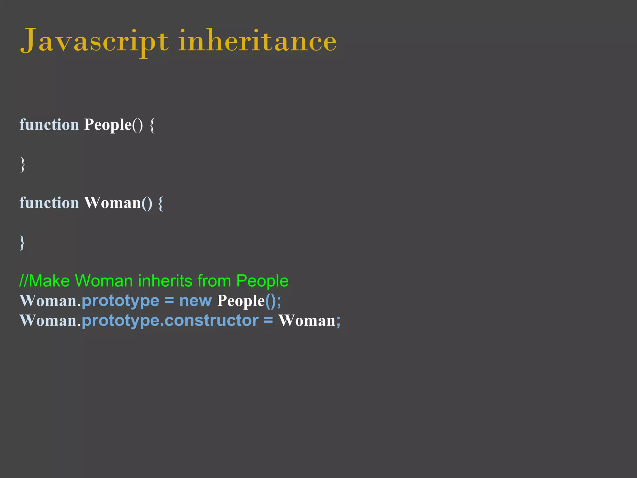 Javascript inheritance

function People() {

}

function Woman() {

}

//Make Woman inherits from People
Woman.prototype = new People();
Woman.prototype.constructor = Woman;
 