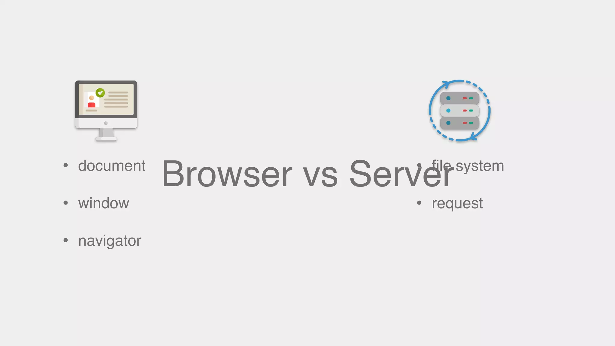 Browser vs Server• document
• window
• navigator
• ﬁle system
• request
 