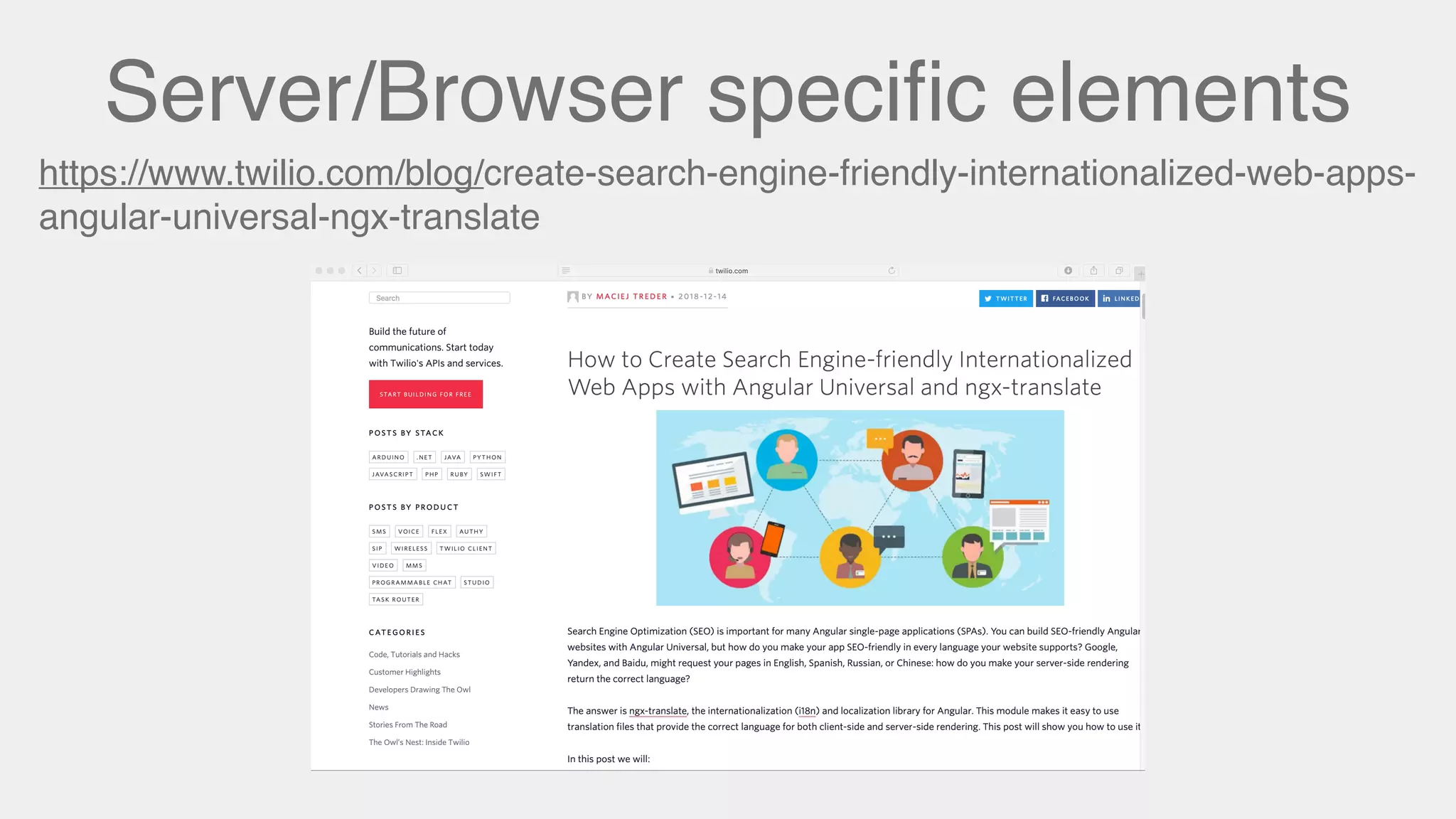 Server/Browser speciﬁc elements
https://www.twilio.com/blog/create-search-engine-friendly-internationalized-web-apps-
angular-universal-ngx-translate
 