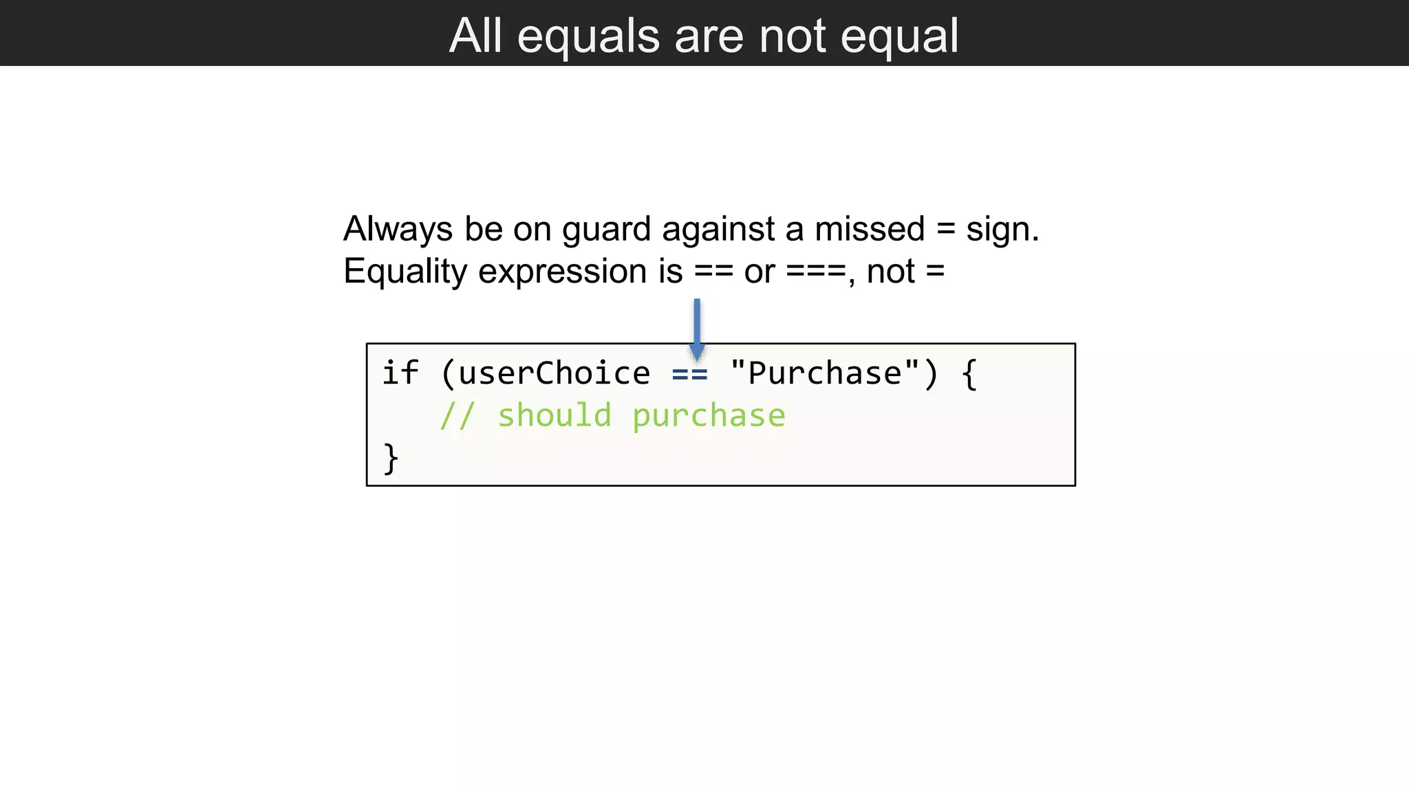All equals are not equal if (userChoice == "Purchase") { // should purchase } Always be on guard against a missed = sign. Equality expression is == or ===, not = 