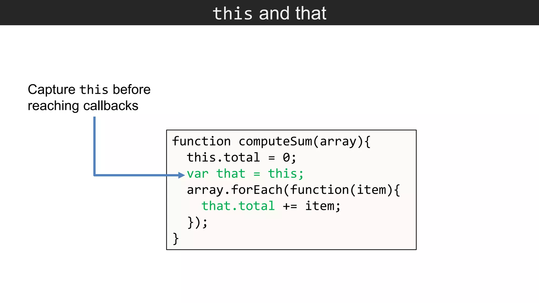 this and that function computeSum(array){ this.total = 0; var that = this; array.forEach(function(item){ that.total += item; }); } Capture this before reaching callbacks 
